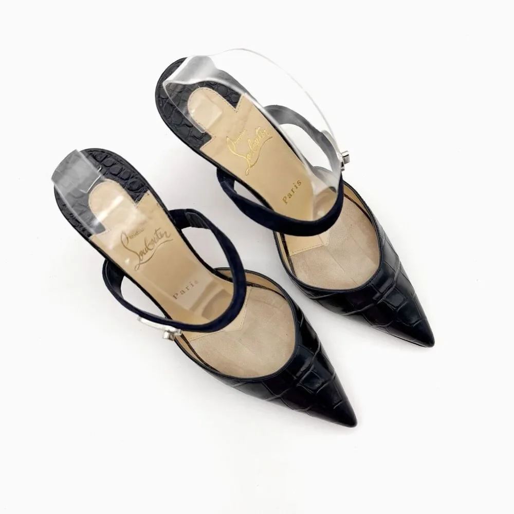 CHRISTIAN LOUBOUTIN Choc Lock Navy Blue Slide Size 37.5 US 7 Leather Heel Mule - Picture 3 of 13